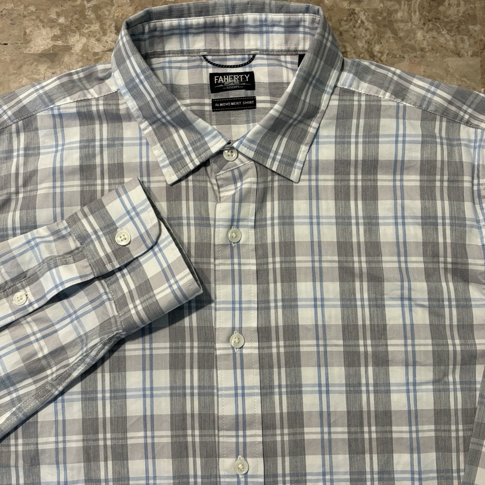 Faherty Shirt Mens Large Grey Blue Plaid Long Sleeve Button Movement Stretch